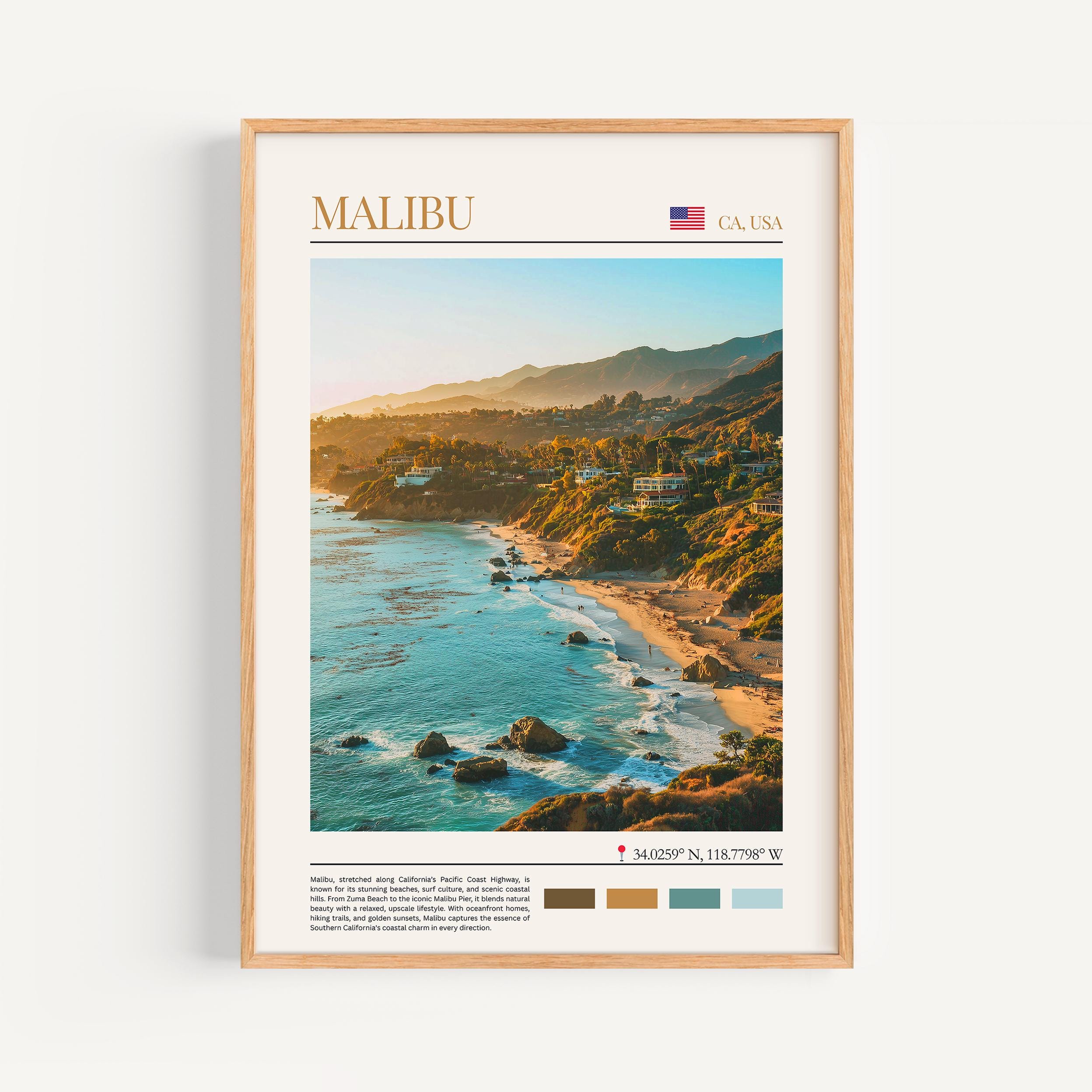 Affiche Malibu - Art mural USA, le cadeau parfait et un souvenir de voyage durable | Décoration murale imprimée sur le thème du voyage en Californie