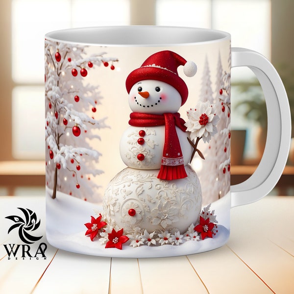 Red Snowman Mug Wrap Designs, Winter Mug Wrap Sublimation Designs, 15oz and 11oz 3D Mug Wrap Png Files, Coffee Mug Sublimation Wraps