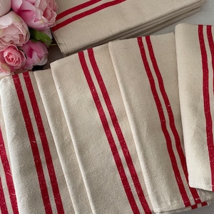 Vintage French Linen Metis Tea Towels, Vintage French Linen Metis Dish Cloths, French Linen Metis Torchons Red Stripes, Fabric 48 ins long