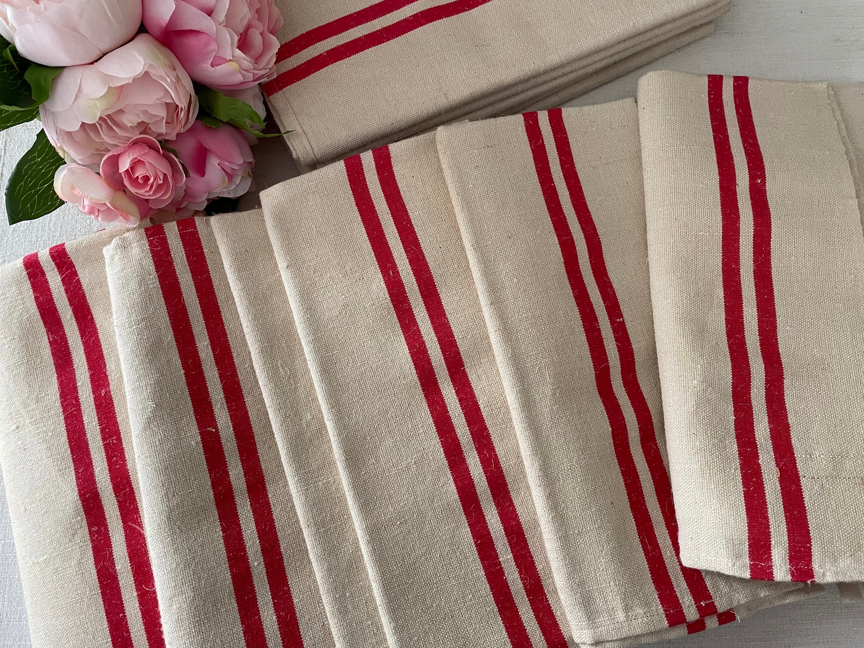 Vintage French Linen Metis Tea Towels, Vintage French Linen Metis Dish Cloths, French Linen Metis Torchons Red Stripes, Fabric 48 ins long