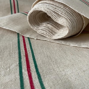 Vintage French Unused Linen Metis Fabric, Table Runner, Fabric, Rustic Linen Cloth Red Green Stripes Sold by the Meter