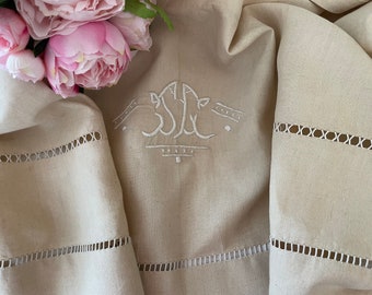 Sábana francesa vintage de lino puro sin usar, monograma S L, hilos de seda blancos, mediados de 1900, 86 pulgadas de ancho / 220 cm de ancho, tela, cortinas - 2