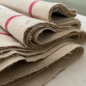Unused Antique French Pure Linen Fabric, Table Runner, Rustic Linen Cloth Red Stripes Sold by the Meter