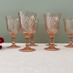 6 Large Vintage French Pink Glass Wine Glasses, Pink Blush Depression Glass, 1960&#39;s, Luminarc Rosaline, Pink Drinking Glasses