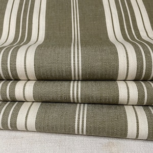 Unused Vintage French Vintage Ticking, Toile de Matelas,  Olive Green and White Stripes 72 cms wide 77 cms long, 28 ins wide x 30 ins long,