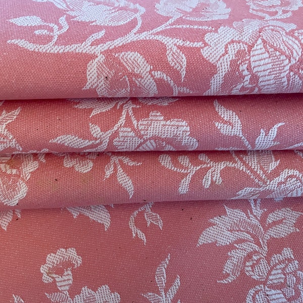 Vintage French Unused Damask Fabric, French Ticking, Toile de Matelas,  Reversible, Roses, Linen Metis, Apricot Pink