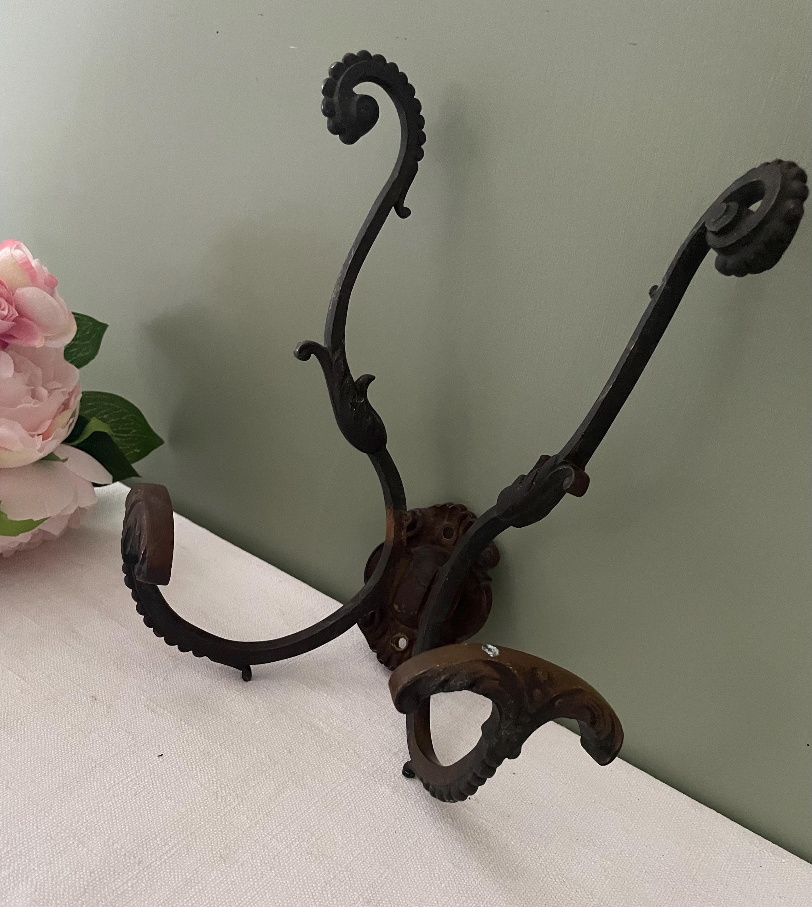 Vintage Français Double Chapeau Et Patère En Bronze, Porte-Manteau Français, Porte-Manteau, Manteau Métal Doré Avec 2 Cintres, Crochet Bronze