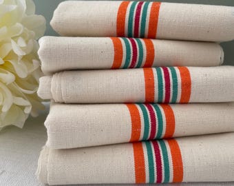 Vintage French Tea Towels  Fleur Bleue Linen Metis, Vintage French Dish Cloths Torchons, Red Green & Orange Strips, New old Stock