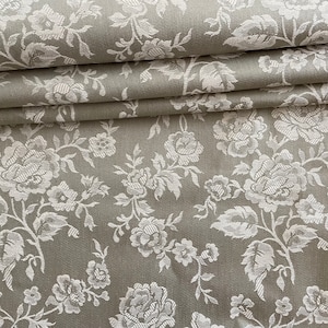 Vintage französischer unbenutzter Damast Stoff, Toile de Matelas, Reversibel, Rosen, Leinen Metis, Zart Grau 80 x 50 cm