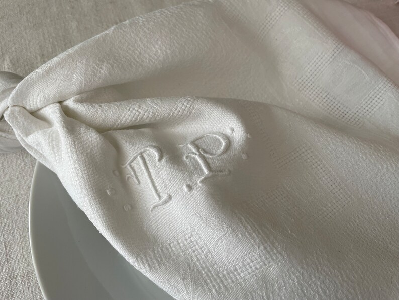 Six Vintage French Damask Napkins Serviettes, Monogram T P, 20 X 23