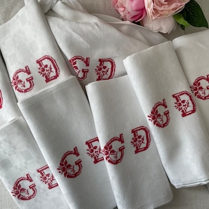 8 Huge Vintage French Napkins Linen Damask Serviettes Napkins, Monogram G D,  32 x 28.5 inches 81 x 73 cms Hand Embroidered, Red Stitching
