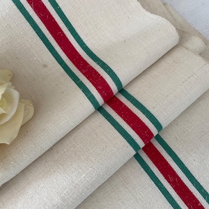 Vintage French Linen Metis Table Runner, Fabric, Rustic Linen Metis Cloth Red and Green Stripes 73 ins/185 cms long  Fleur Bleue linen Metis