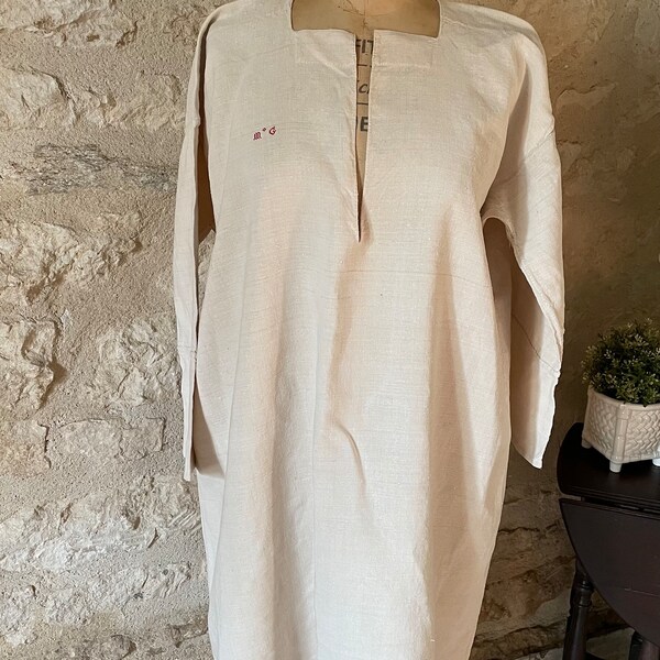 Antique French Homespun Linen Chemise - M G Unused in Excellent Condition Mainly Hand Sewn Chore Dress