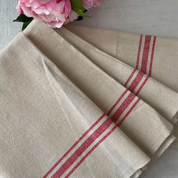 Unused Vintage French Pure Linen Tea Towels, Vintage French Linen Dish Cloths, Vintage French Linen  Torchons Red Stripes