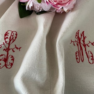 Vintage French Unused Homespun Linen Metis Sheet Monogram L M Red 1940’s  81 inches wide / 206 cms wide  Fabric Curtains Drapes