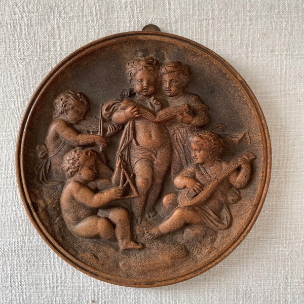 Antique Cherubs Wall Plaque, Putti Angels, Orchestra of Angels, High Relief Plaque