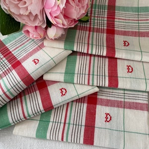 Unused Vintage French Pure Linen Tea Towels, Monogram D, French Dish Cloths, Vintage Torchons Red, Green, Black Stripes