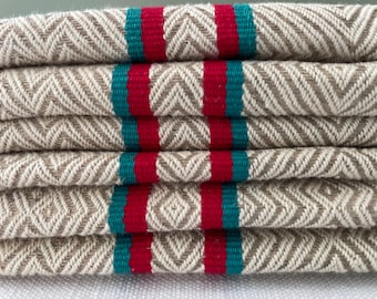 Unused Vintage French Linen Metis Tea Towel, Vintage French Basque Region Metis Torchon, Red & Green Stripes, Mid last Century Kitchen Cloth