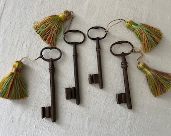 Antique French Keys with Tassel,  Huge Antique French Chateau Keys with Tassel, Vintage French Church Key
