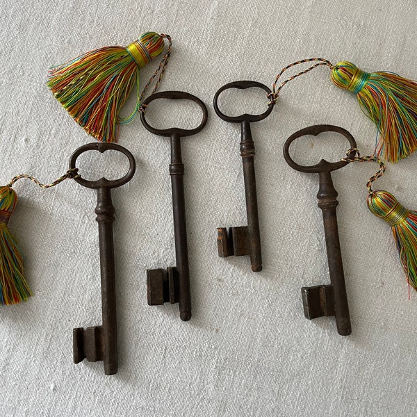 Antique French Keys with Tassel,  Huge Antique French Chateau Keys with Tassel, Vintage French Church Key