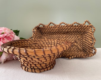 Antique French Handmade Coiled Rye Baskets 1930, Hand Woven Market Baskets, Wicker Baskets, French Baskets, Farmhouse Decor, Kitchen Storage