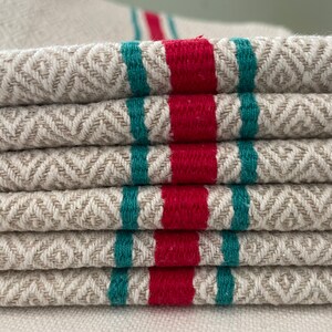 Unused Vintage French Linen Metis Tea Towel, Vintage French Linen Metis Torchon, Red & Green Stripes, Mid last Century kitchen Cloth