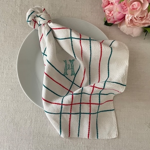 Six Vintage French Napkins Serviettes, Monogram H, Red and Green stripes,  50 x 45 cms Linen Metis