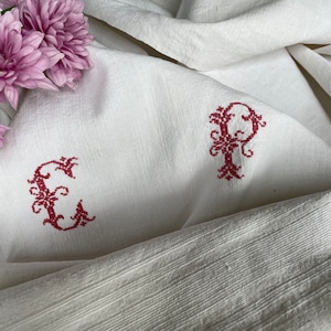 Vintage French Home Spun Linen Metis Tablecloth, Hand Woven Table Runner, Throw, Vintage French Fabric Monogram C P