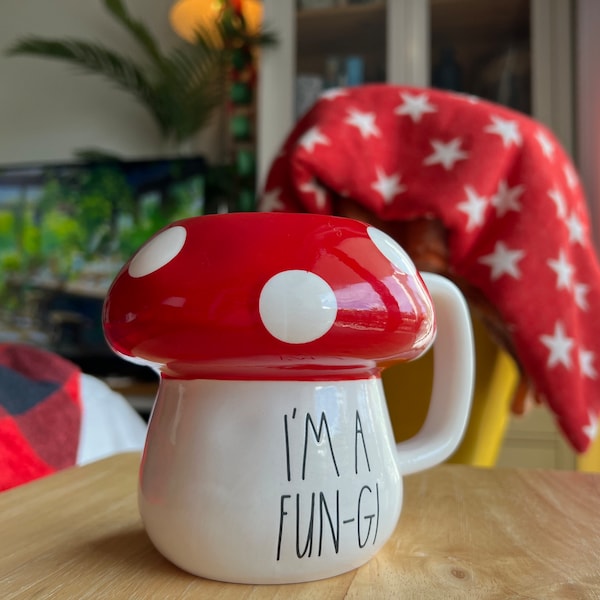 Rae Dunn Mushroom Mug w/ Polka Dots ‘I’m a Fun-Gi’ Coffee Tea Mug - White and Red Color - Perfect for Hot Soups, Hot Cocoa, Tea, Coffee