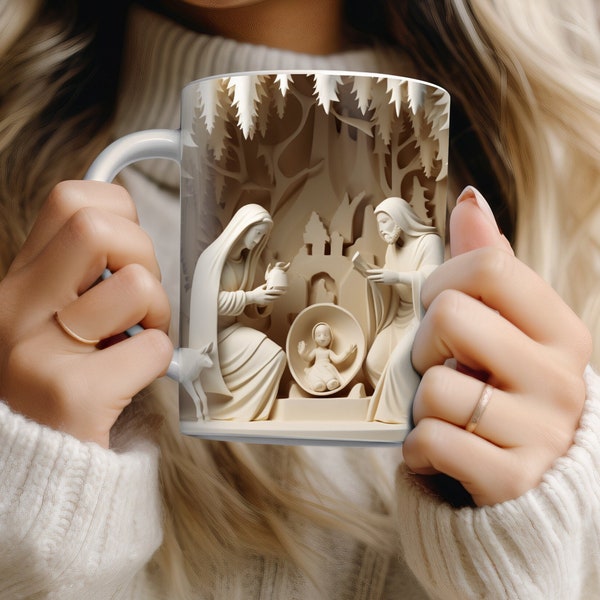 3D Nativity Scene  Mug Wrap, Christmas Mug sublimation Design, 11Oz and 15Oz Mug Template  digital download