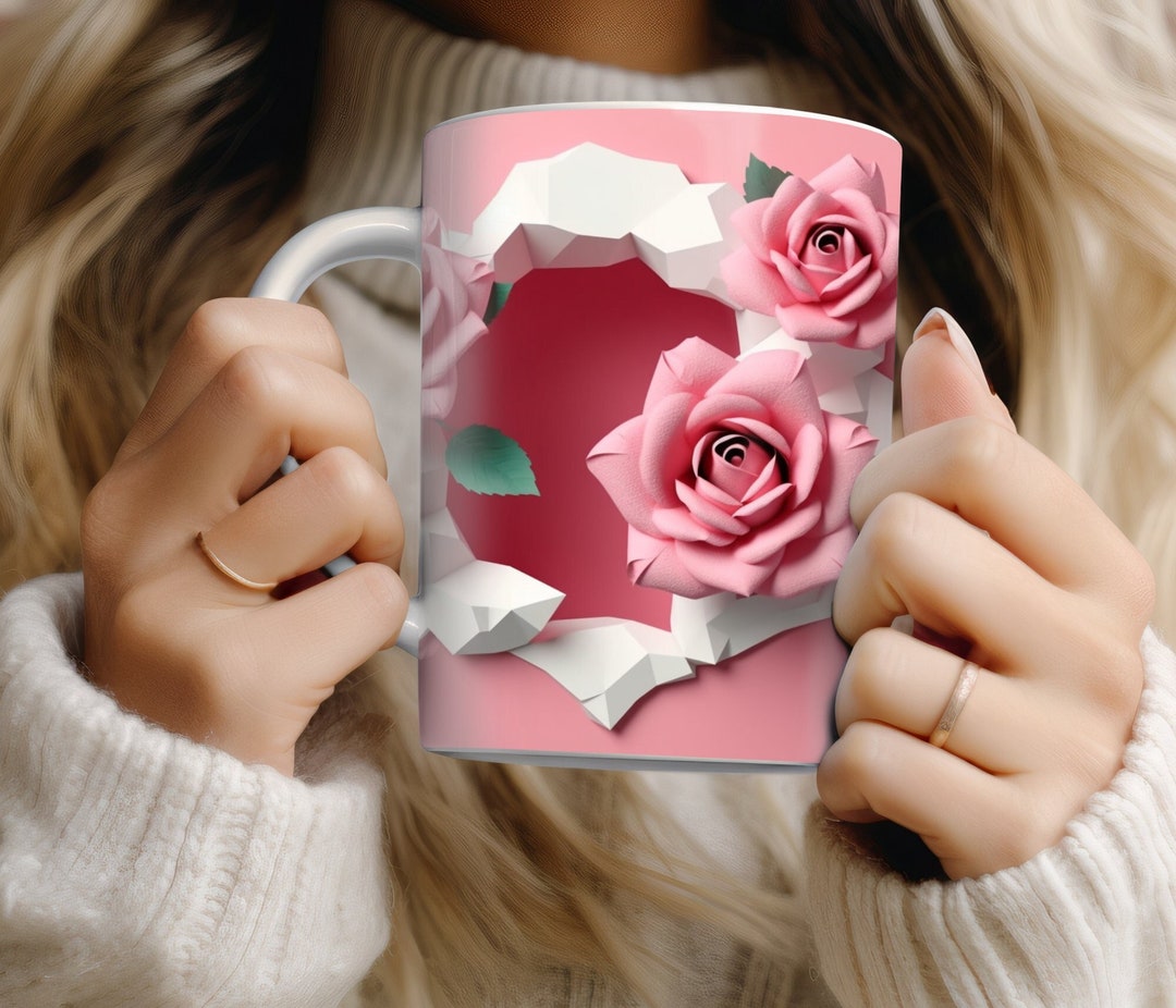 3D Pink Valentine Roses Mug Wrap, Romantic Mug Gift, Cut Mug Wrap