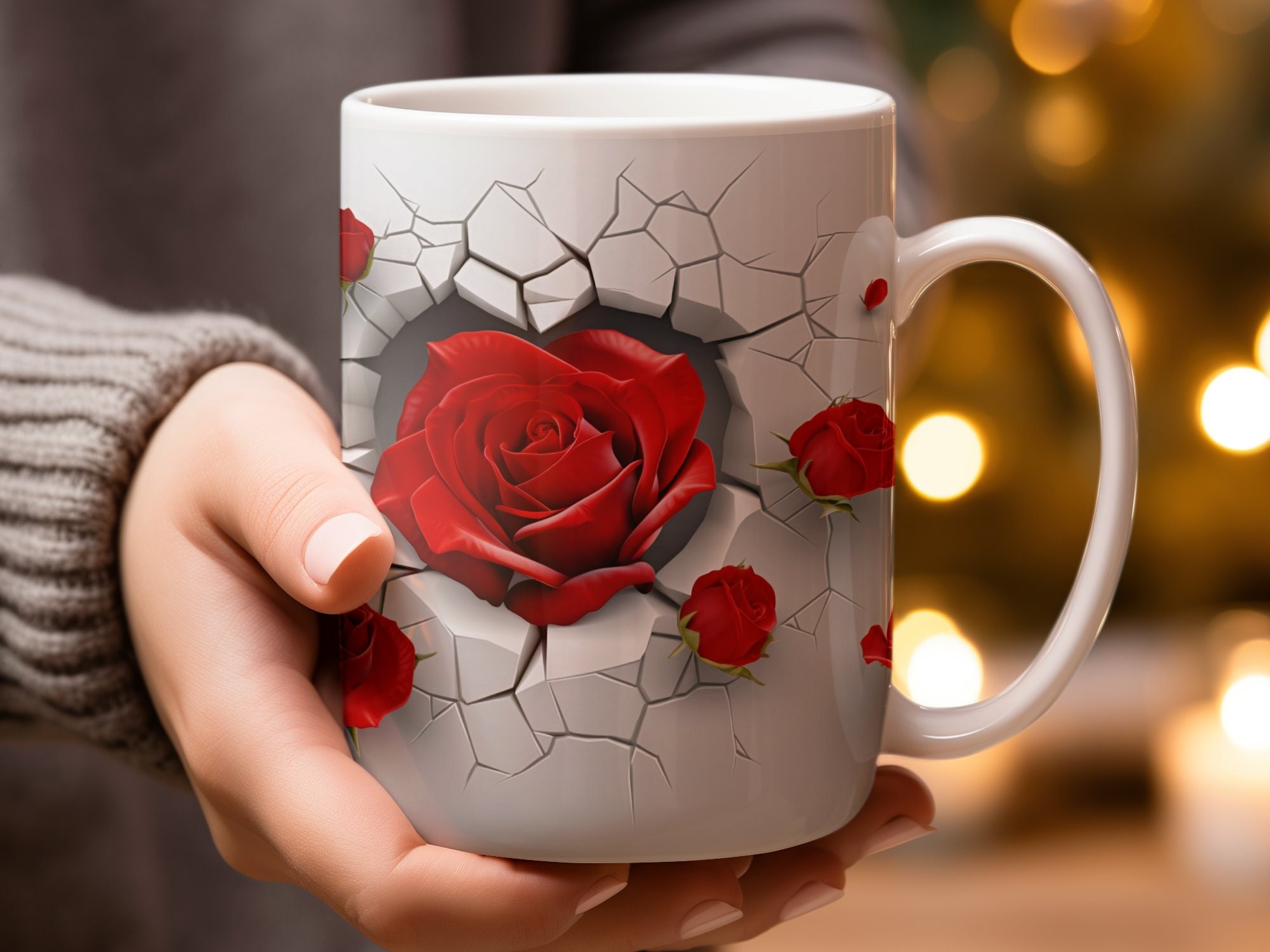 3D Red Valentine Roses Mug Wrap, Romantic Mug Gift, Cut Mug Wrap
