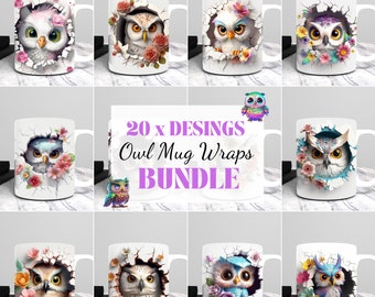 3D Owl Mug Wrap Bundle, Sublimation Designs Bundle,  Gift for Owl lover, 3D Flowers and Owl Mugs,Unique gift, 11OZ & 15 Oz Mug Wrap Template