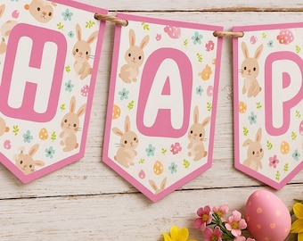Printable Easter Banner, Happy Easter Bunting Digital Download, Pastel Bunny Garland for Kids Party, Classroom Decor, Spring Home Decoration