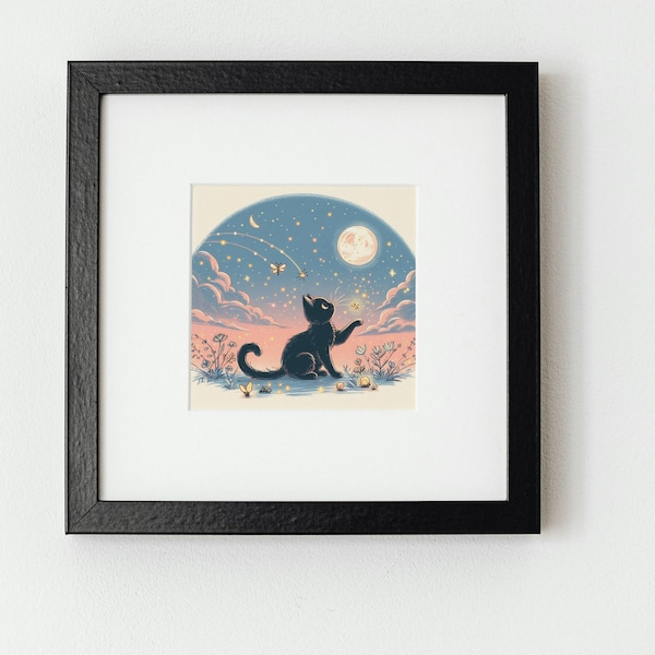 Black Cat & Firefly Digital Square Poster | Night Sky Printable Wall Art