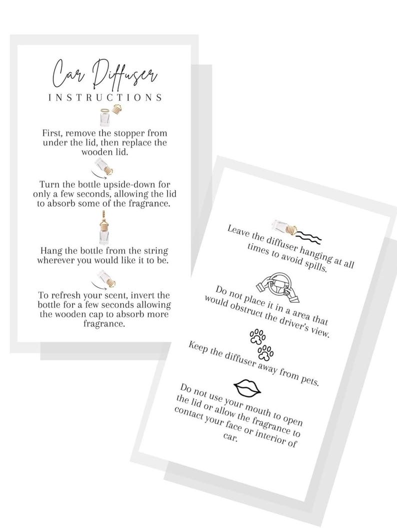 K&ouml;nnte beinhalten: Anleitung zur Verwendung eines Autodiffusors. Die Anleitung umfasst, wie man den Diffusor aufh&auml;ngt, wie man den Duft auffrischt und wie man Versch&uuml;ttungen vermeidet. Die Anleitung enth&auml;lt auch Warnhinweise, den Diffusor von Haustieren fernzuhalten und ihn nicht an einer Stelle zu platzieren, die die Sicht des Fahrers behindern w&uuml;rde.