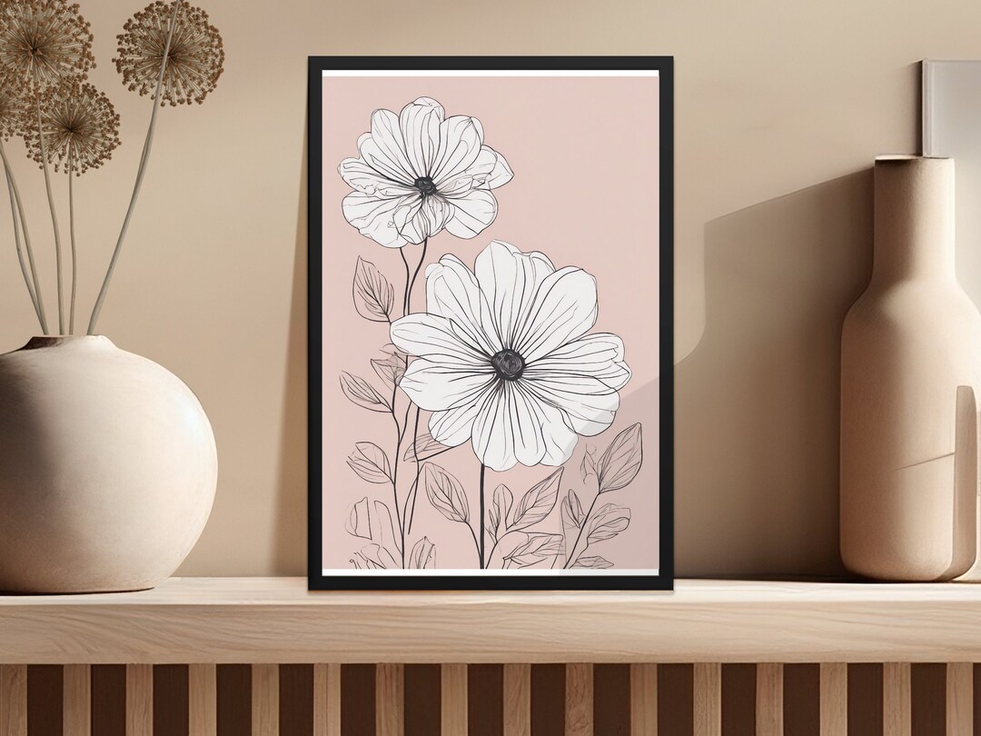 Minimalist Floral Line Art, Printable Modern Wall Decor, Black and ...