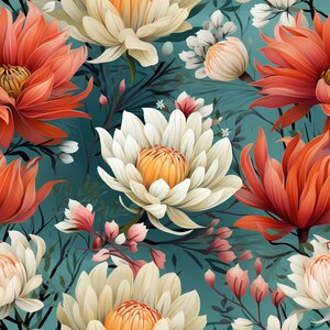 May include: A seamless floral pattern featuring large, stylized flowers in shades of white, orange, and peach against a teal background. The design includes detailed petals and foliage, creating a vibrant and artistic botanical print.