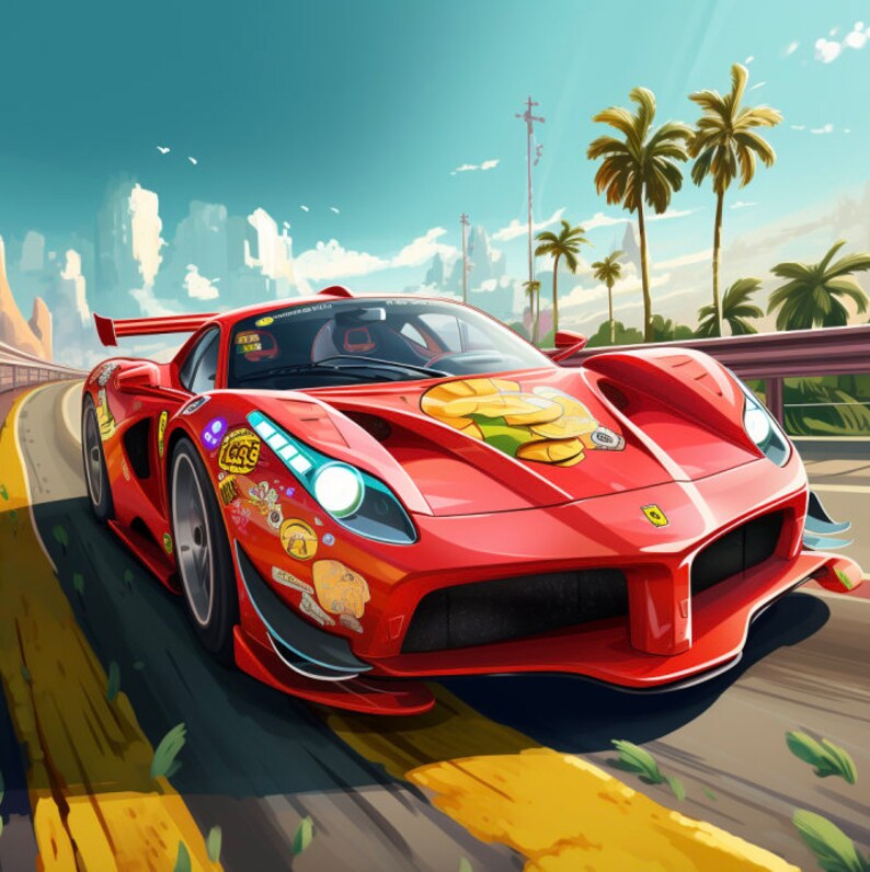 Pode incluir: Um carro desportivo vermelho com um autocolante amarelo e verde no cap&ocirc;, a conduzir numa estrada com palmeiras no fundo.