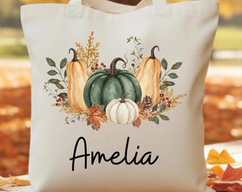 Personalized Pumpkin Tote Bag, Autumn Leaves Cotton Shopping Bag