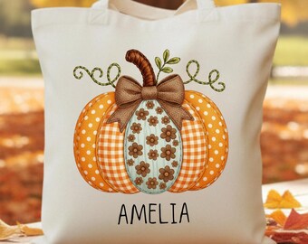 Personalized Fall Pumpkin Tote Bag, Autumn Leaves Cotton Shopper