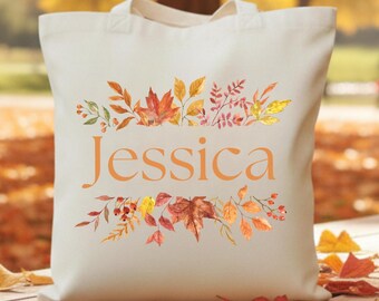 Personalized Fall Floral Tote Bag, Autumn Leaves Design
