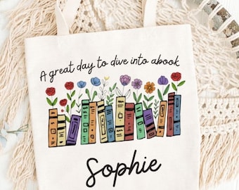 Personalisierte Buch-Liebhaber-Baumwolleinkaufstasche, Blumen-Lesezeichen-Geschenk
