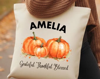 Personalized Pumpkin Tote Bag, Autumn Leaves, Thanksgiving Gift