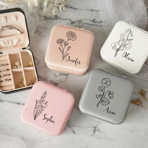 Personalized Travel Jewelry Box, Birth Flower Design