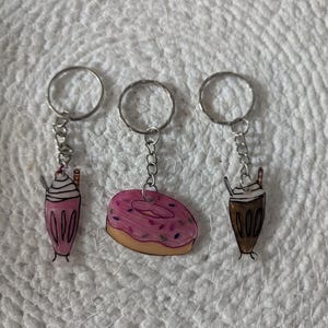 Kawaii Sweet Treats Keychain – Milkshake or Donut Charm | Handmade Shrink Plastic Keyring for Bookish or Cute Gifts