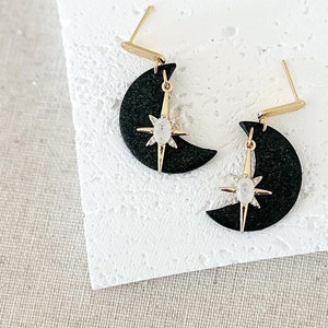 Crescent Moon Gold Star Earrings, Handmade Polymer Clay Celestial Jewelry for Women, Black Lunar Eclipse Earring