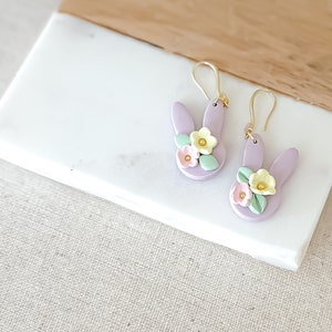 Cute Lavender Easter Bunny Earrings, Floral Bunny Earring Gift for Spring,  Handmade Polymer Clay Dangles