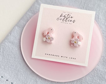 Easter Bunny Clay Earrings, Bunny Rabbit Stud Earrings, Cute Easter Studs, Handmade Polymer Clay Easter Earrings Gift, Cute Spring Earrings