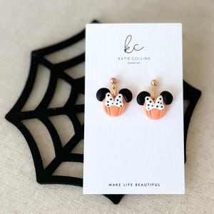 Disney Minnie and Mickey Mouse Inspired Pumpkin Halloween Orange Black Polka Dot Bow Dangle Gold Earrings Handmade of Polymer Clay on Etsy by Katie Collins Design Co.